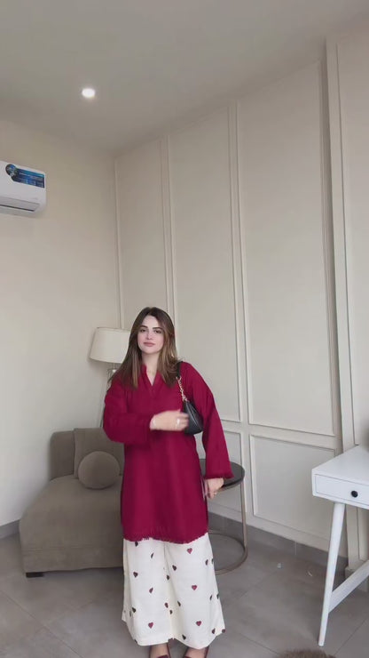 Playful Hearts – Solid Kurta with Printed Trousers