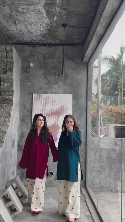 Playful Hearts – Solid Kurta with Printed Trousers